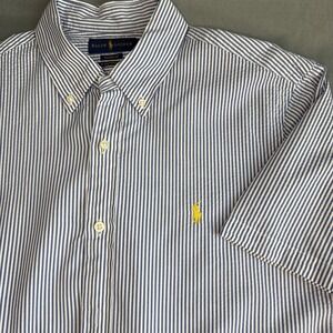 RALPH LAUREN Seersucker Light Blue Pony Button‎ Down Men's Short Sleeve Sz Large